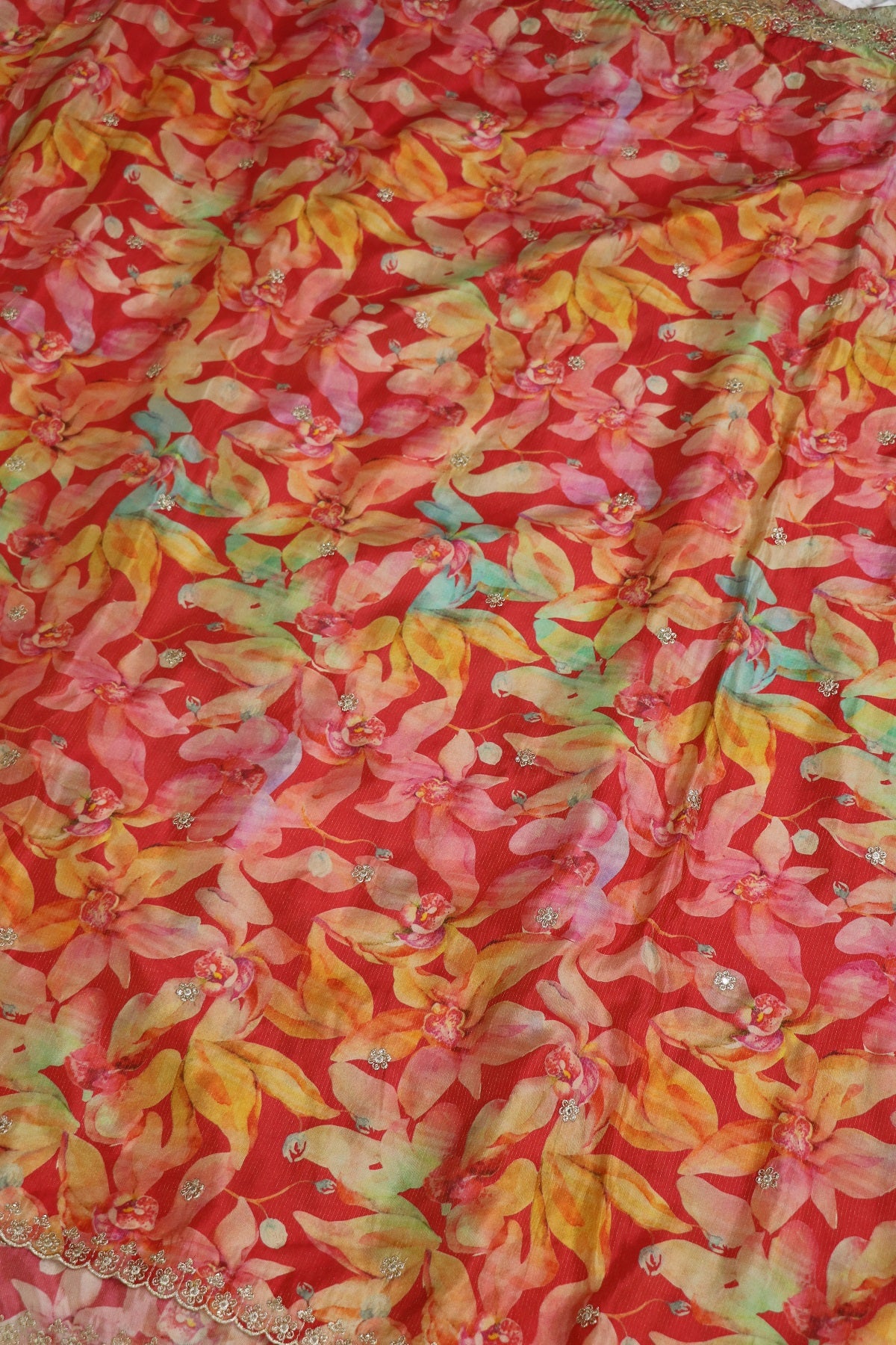 Crimson Red Floral Printed Uppada Tissue Fabric With Scalloped Borders Zari Thread & Sequins Embroidered