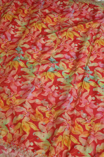Crimson Red Floral Printed Uppada Tissue Fabric With Scalloped Borders Zari Thread & Sequins Embroidered