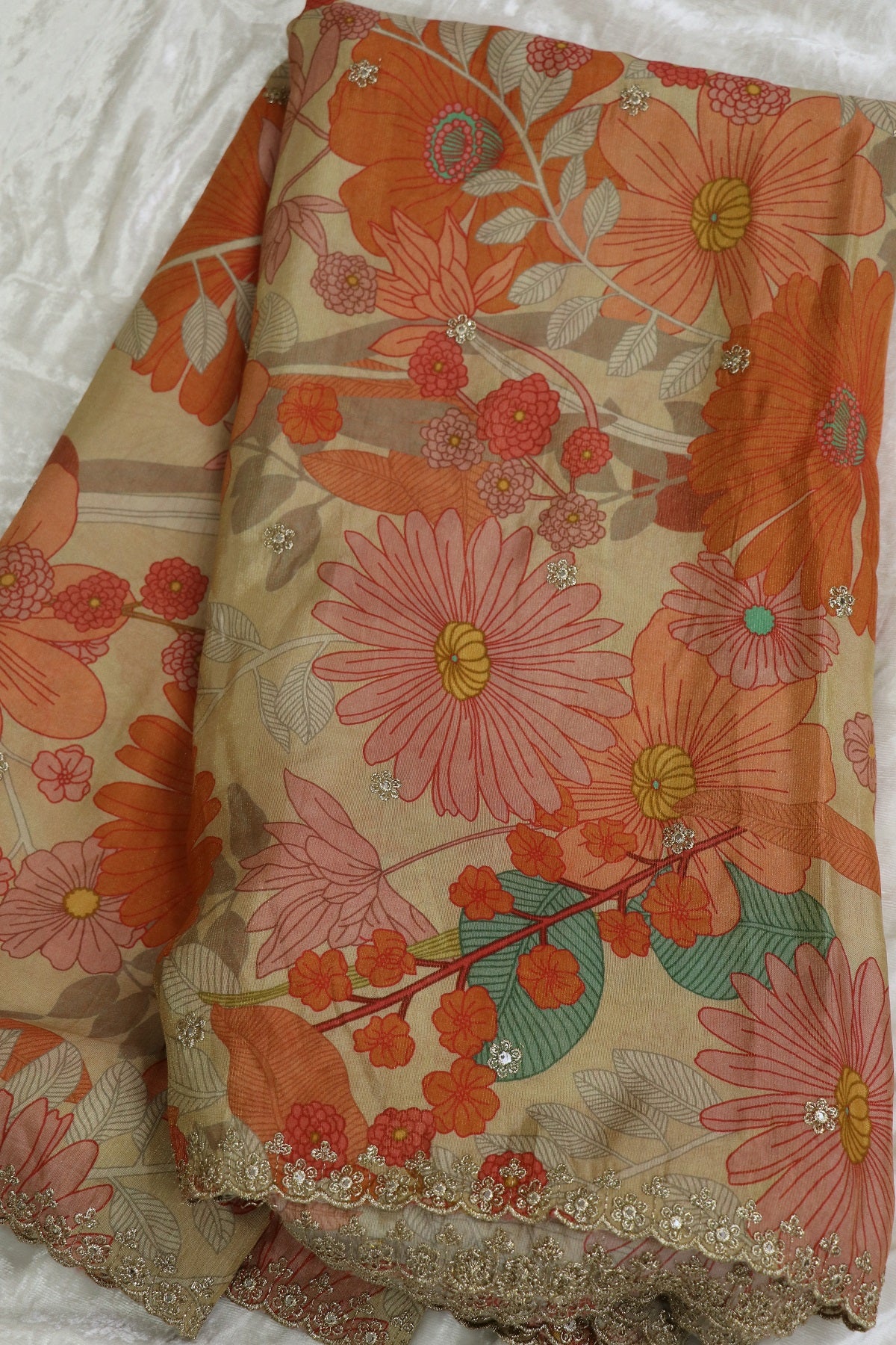 Soft Pink Floral Printed Uppada Tissue Fabric With Scalloped Borders Zari Thread & Sequins Embroidered