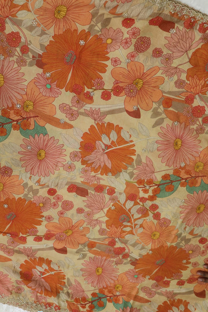 Soft Pink Floral Printed Uppada Tissue Fabric With Scalloped Borders Zari Thread & Sequins Embroidered