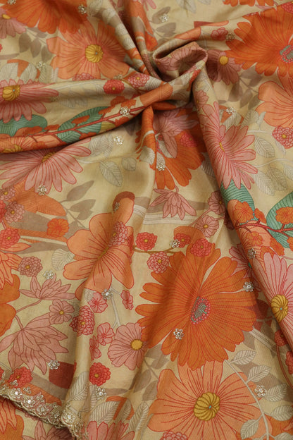 Soft Pink Floral Printed Uppada Tissue Fabric With Scalloped Borders Zari Thread & Sequins Embroidered