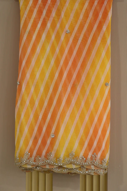 Leheriya Printed Dual Shaded Organza Scalloped Dupatta With Zari Cording & Stones