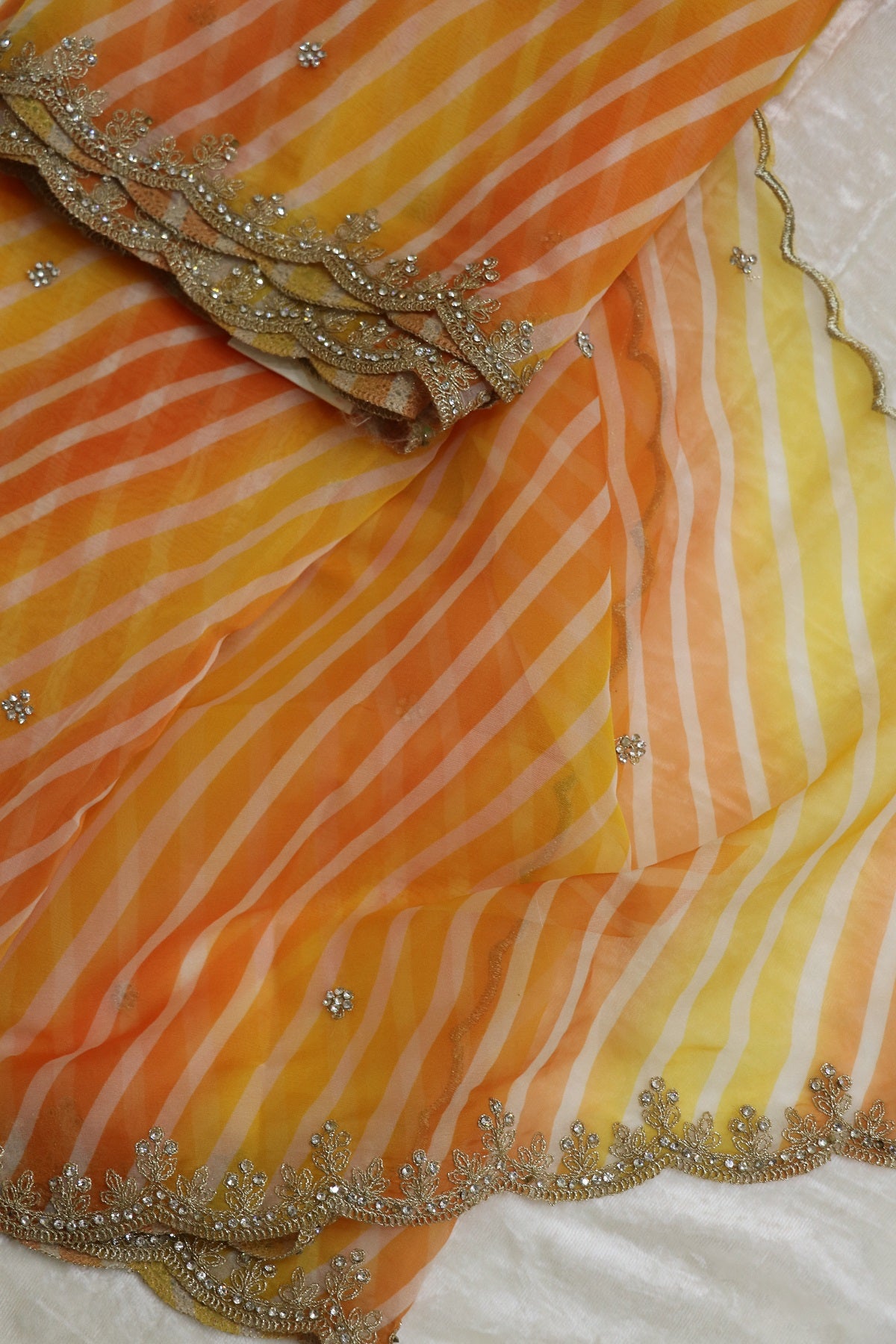 Leheriya Printed Dual Shaded Organza Scalloped Dupatta With Zari Cording & Stones