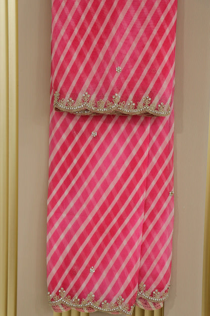 Leheriya Printed Dual Shaded Organza Scalloped Dupatta With Zari Cording & Stones