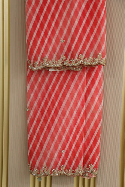 Leheriya Printed Dual Shaded Organza Scalloped Dupatta With Zari Cording & Stones