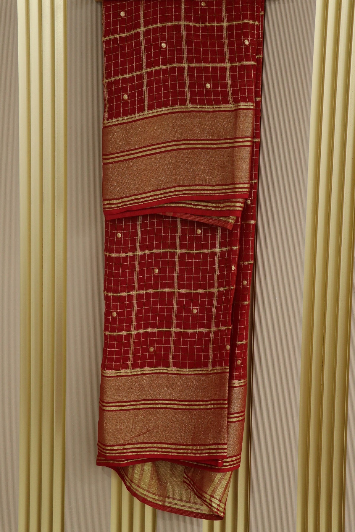 Zari Woven Checks Georgette Dupatta With Golden Border & Polka Dots