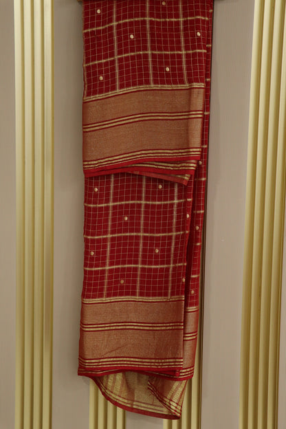 Zari Woven Checks Georgette Dupatta With Golden Border & Polka Dots