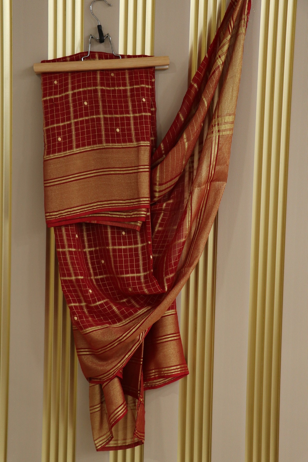 Zari Woven Checks Georgette Dupatta With Golden Border & Polka Dots