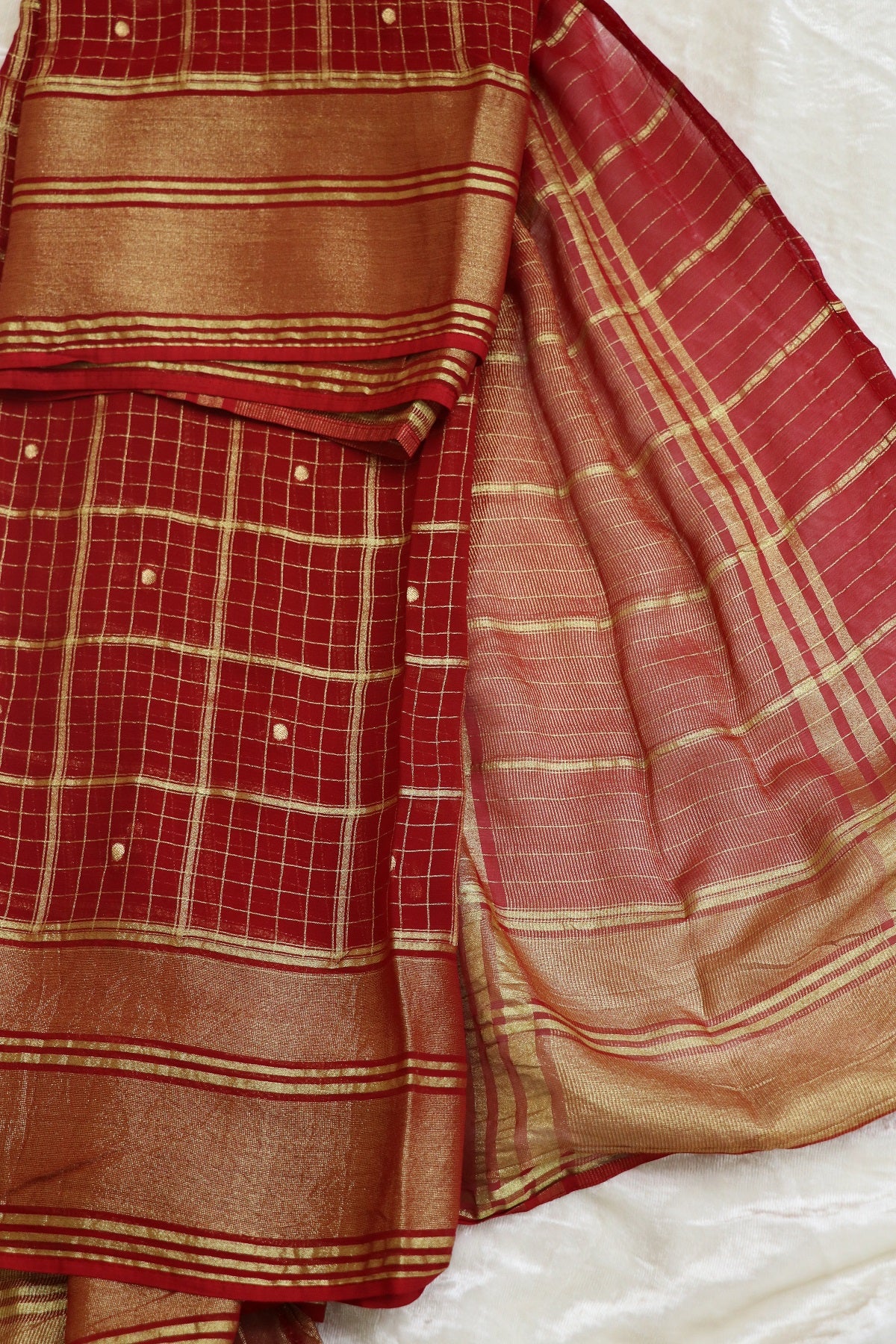 Zari Woven Checks Georgette Dupatta With Golden Border & Polka Dots