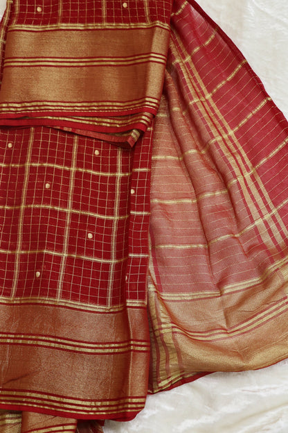 Zari Woven Checks Georgette Dupatta With Golden Border & Polka Dots
