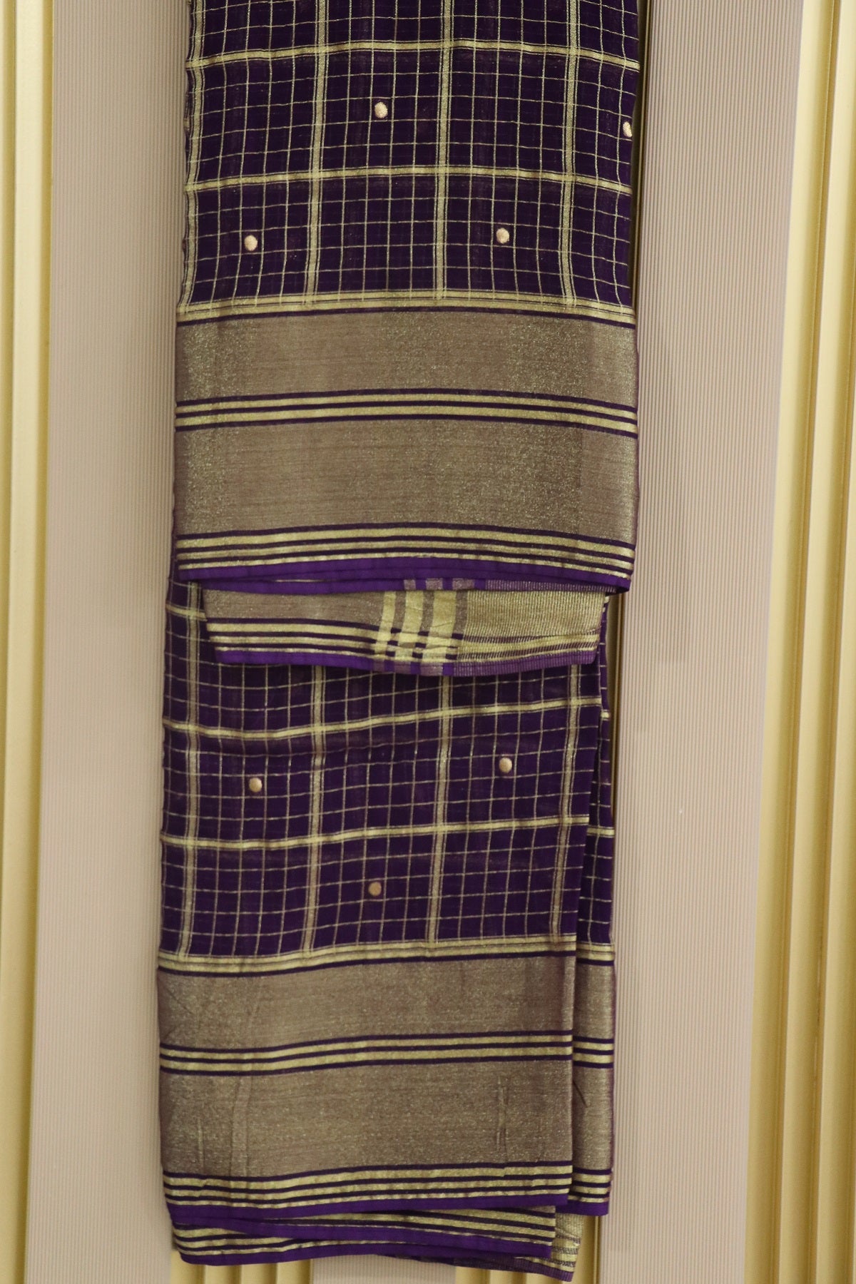 Zari Woven Checks Georgette Dupatta With Golden Border & Polka Dots