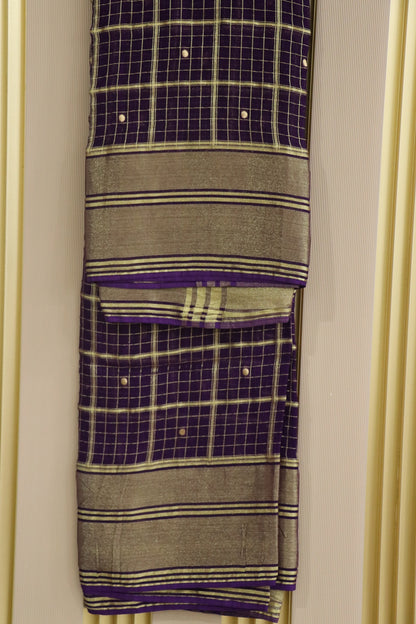 Zari Woven Checks Georgette Dupatta With Golden Border & Polka Dots