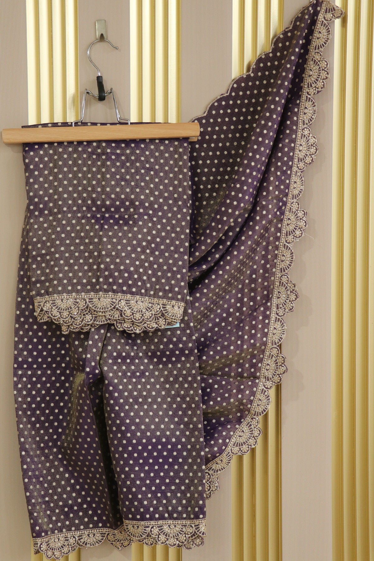 Polka Dota Woven Uppada Tissue Dupatta With Scallop Embroidery & Sequins