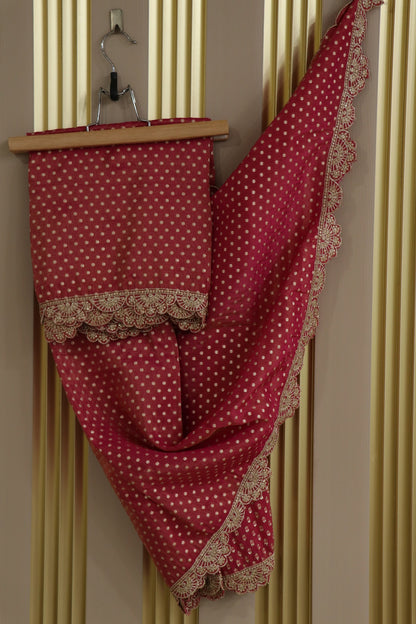 Polka Dota Woven Uppada Tissue Dupatta With Scallop Embroidery & Sequins