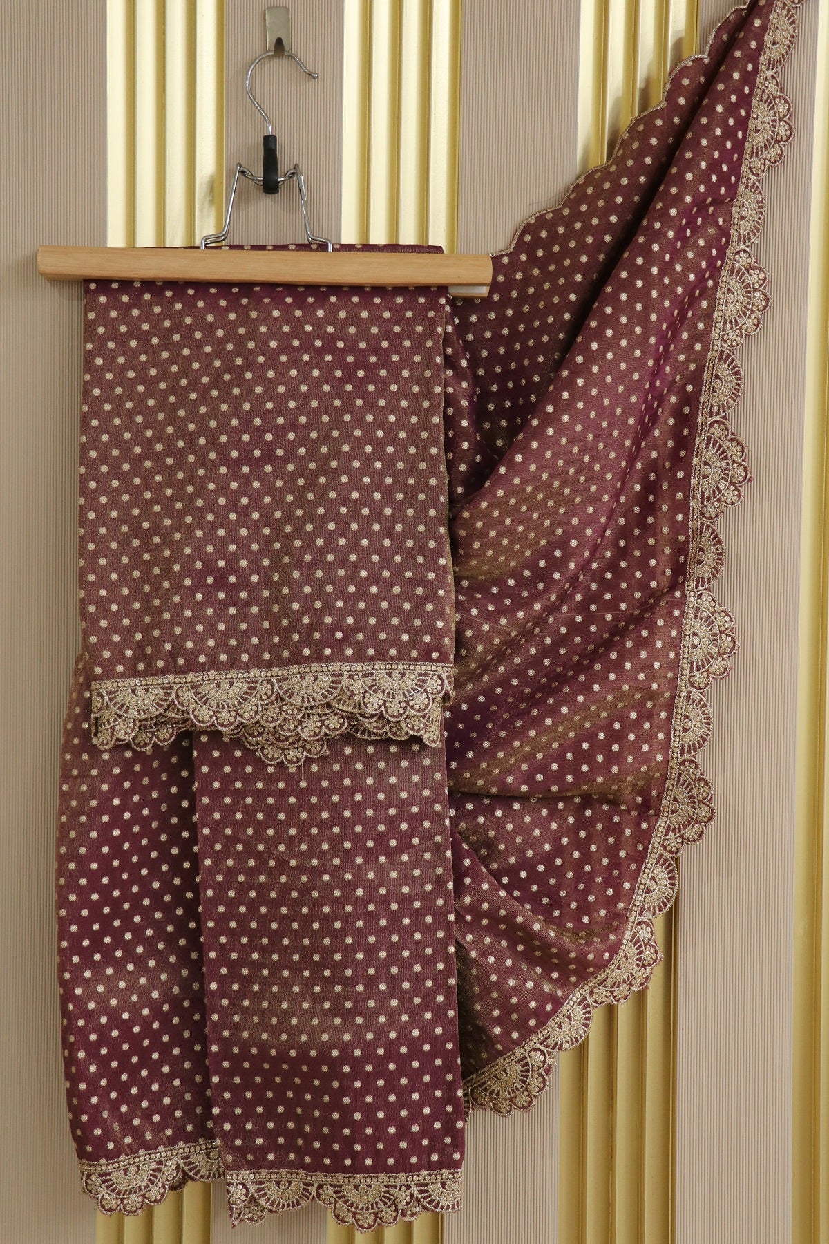 Polka Dota Woven Uppada Tissue Dupatta With Scallop Embroidery & Sequins