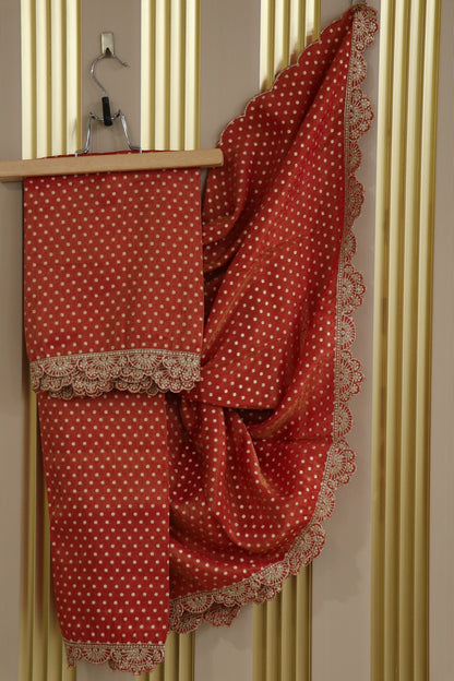 Polka Dota Woven Uppada Tissue Dupatta With Scallop Embroidery & Sequins