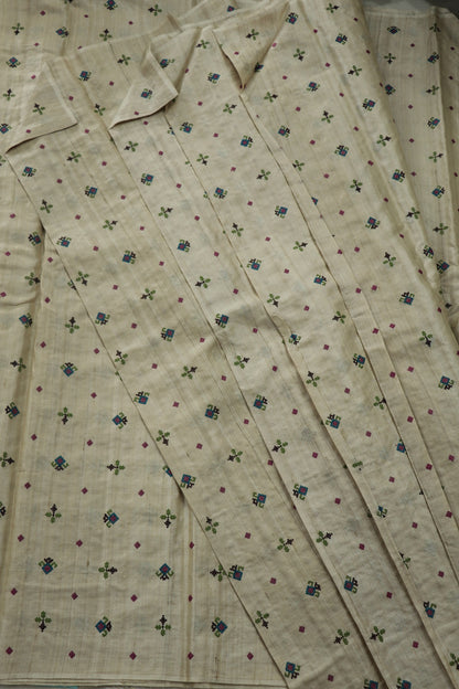 Ornate Cross Stiched Motifs On Pure Tussar Fabric