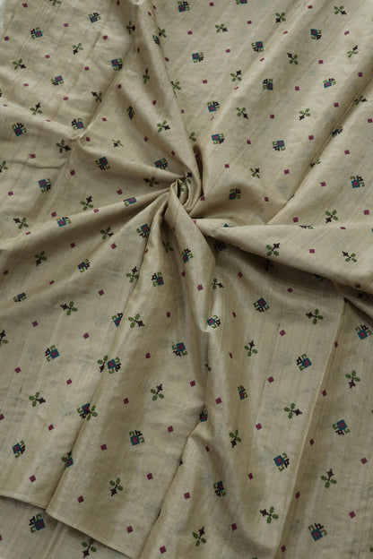 Ornate Cross Stiched Motifs On Pure Tussar Fabric