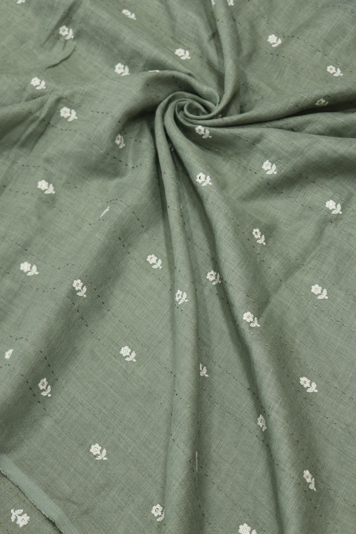 Small Intricate Flowers With  Kantha Work Lenin Embroidered Fabric