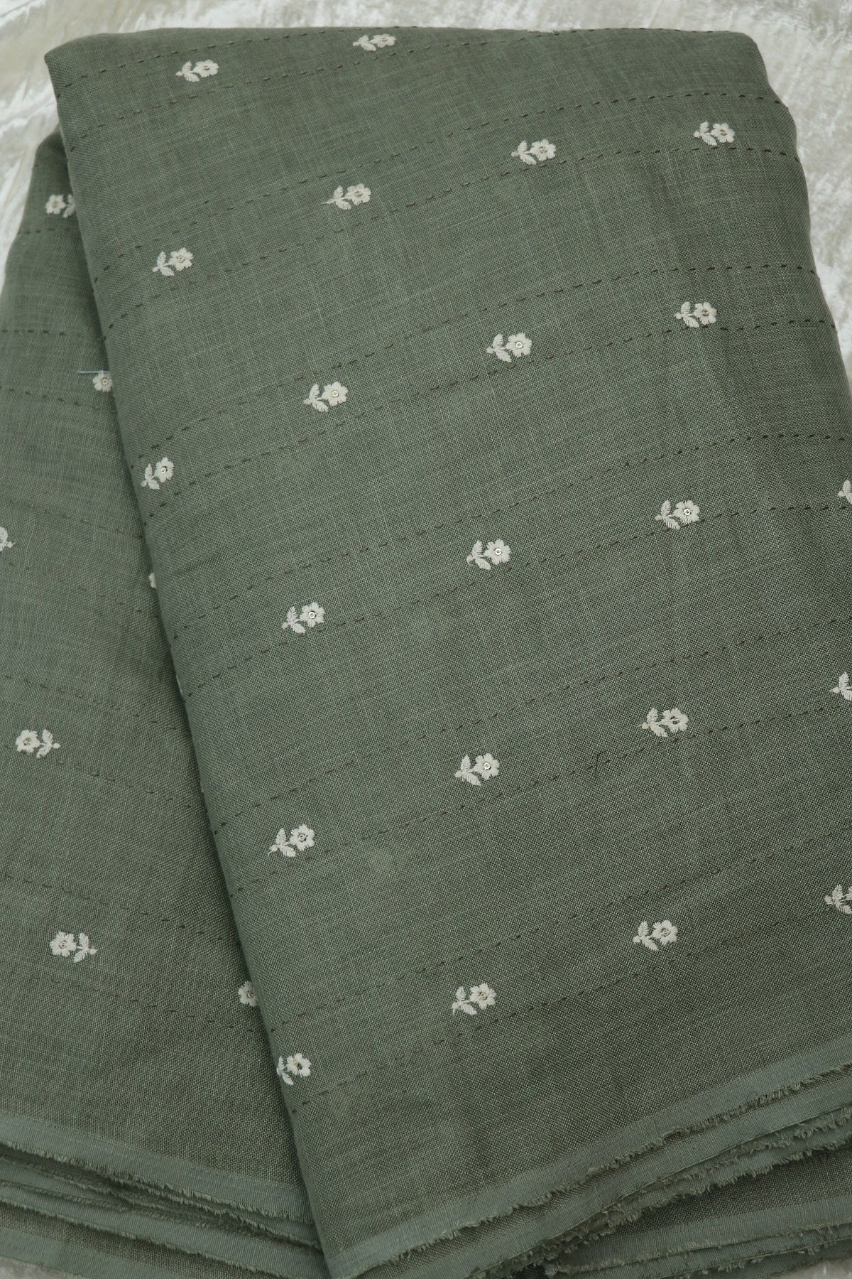 Small Intricate Flowers With  Kantha Work Lenin Embroidered Fabric