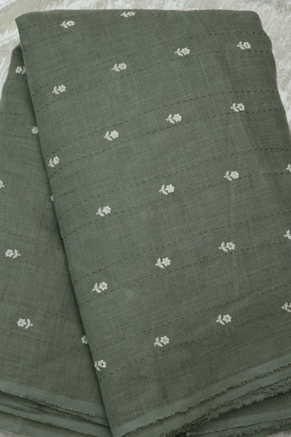 Small Intricate Flowers With  Kantha Work Lenin Embroidered Fabric