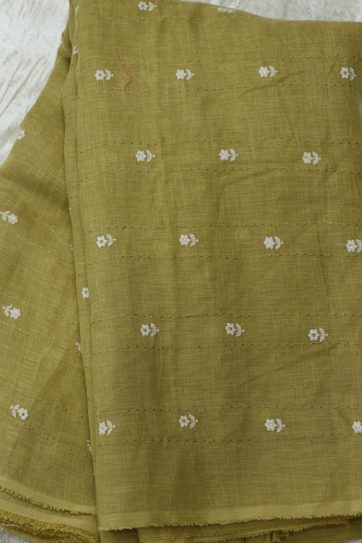 Small Intricate Flowers With  Kantha Work Lenin Embroidered Fabric