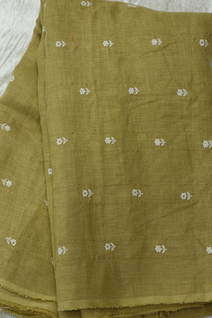 Small Intricate Flowers With  Kantha Work Lenin Embroidered Fabric