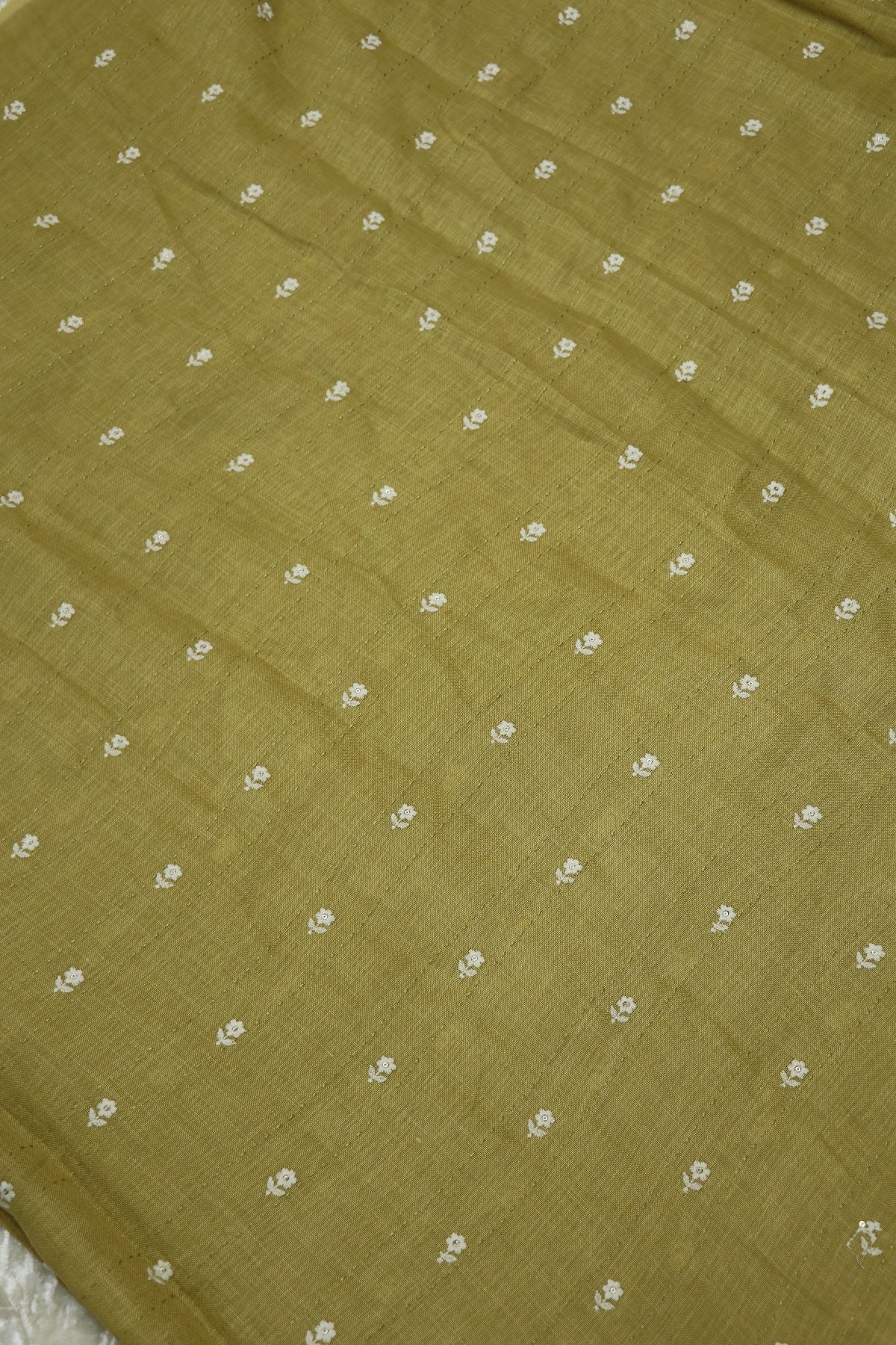 Small Intricate Flowers With  Kantha Work Lenin Embroidered Fabric