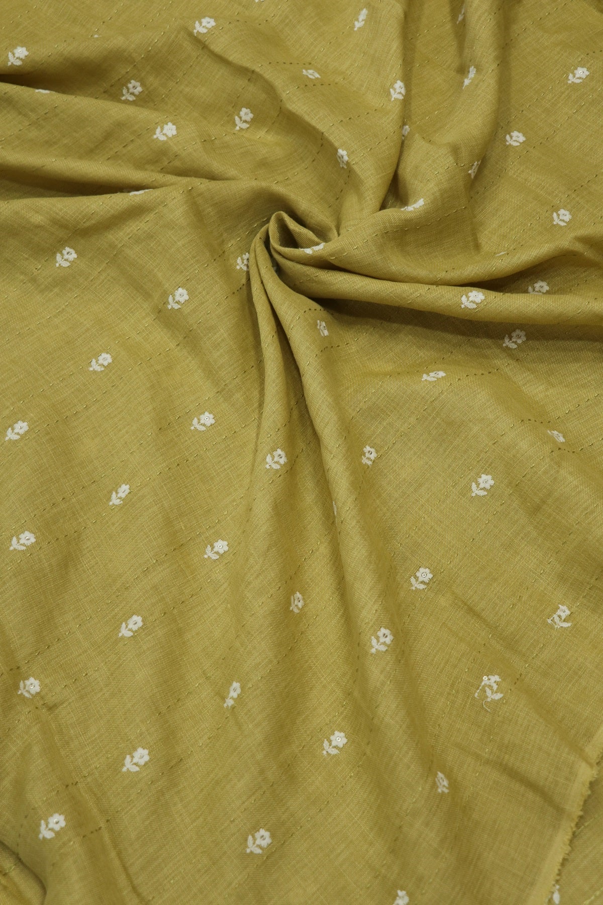 Small Intricate Flowers With  Kantha Work Lenin Embroidered Fabric