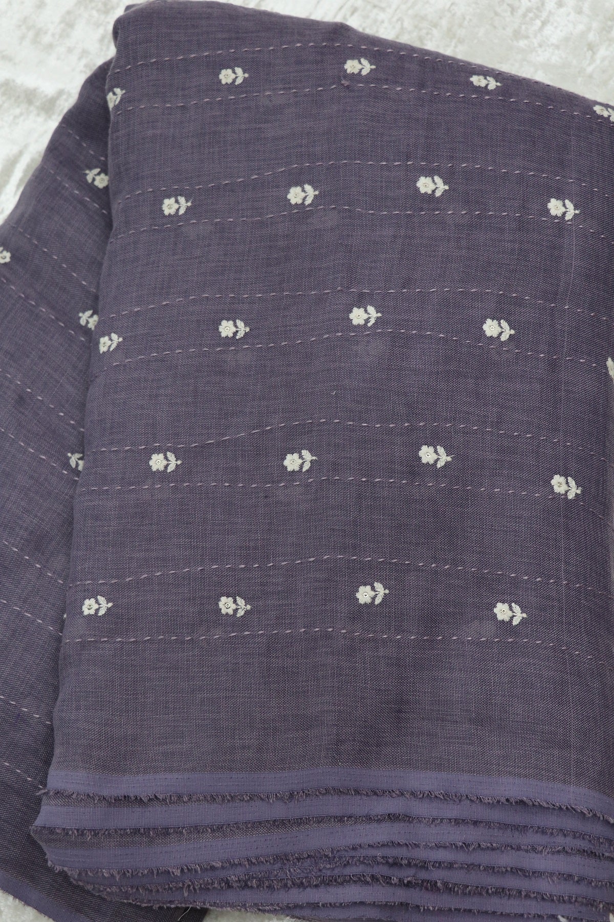 Small Intricate Flowers With  Kantha Work Lenin Embroidered Fabric