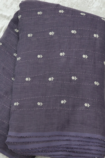 Small Intricate Flowers With  Kantha Work Lenin Embroidered Fabric