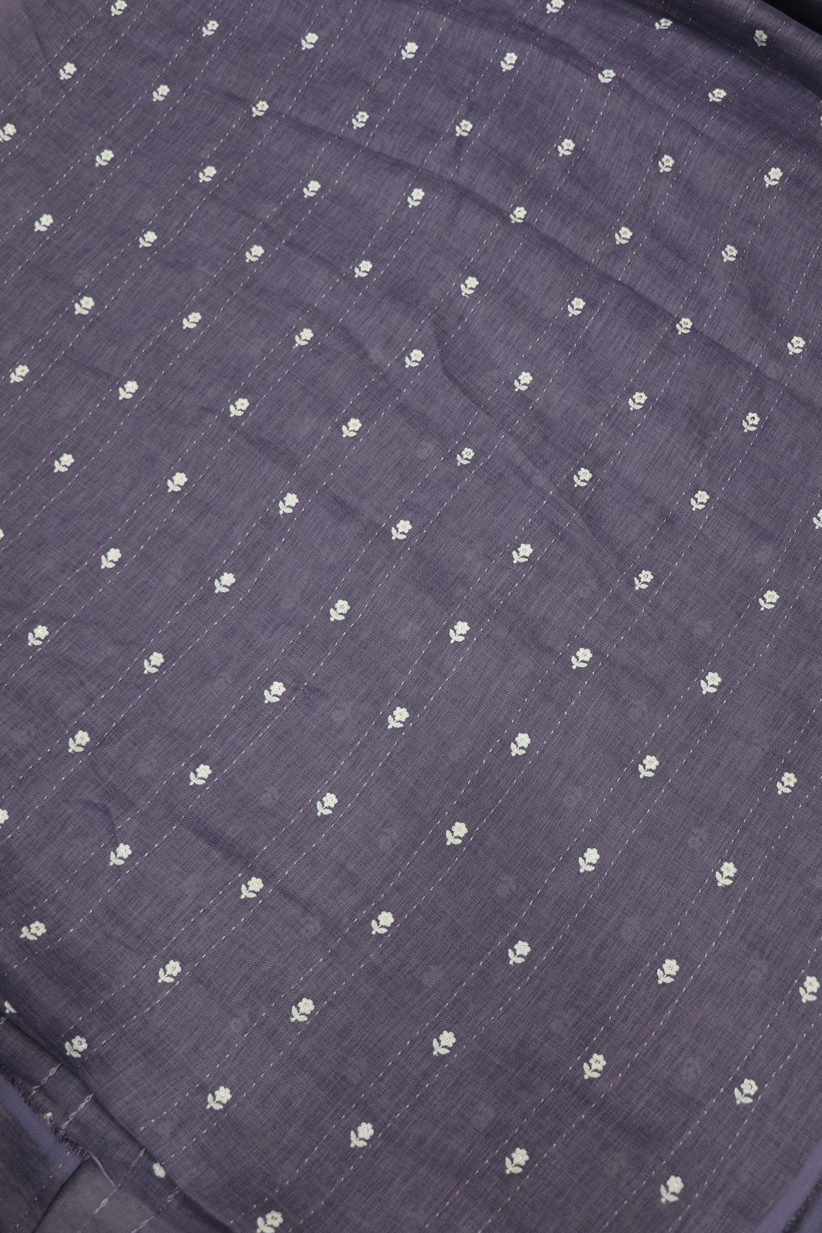 Small Intricate Flowers With  Kantha Work Lenin Embroidered Fabric