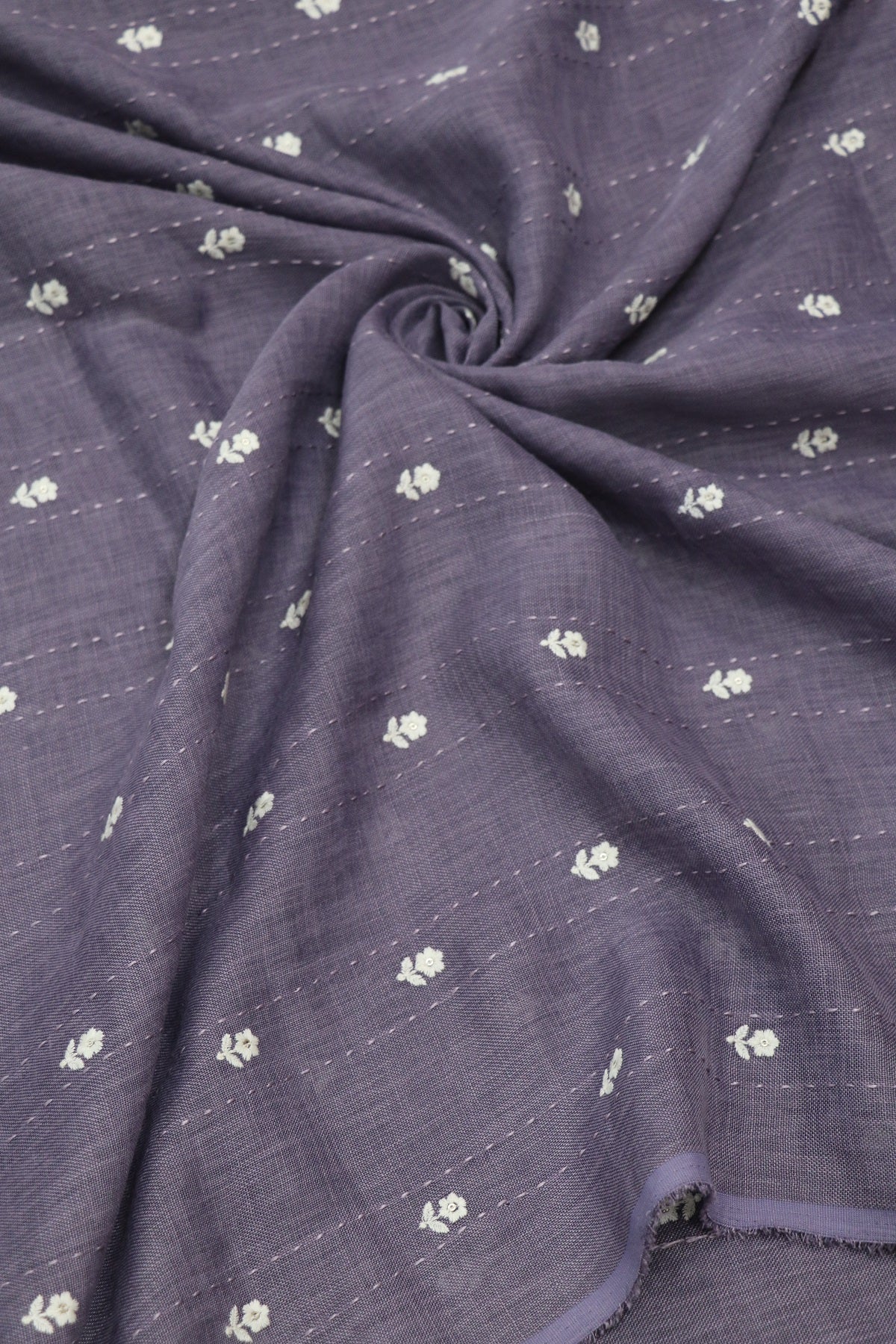 Small Intricate Flowers With  Kantha Work Lenin Embroidered Fabric