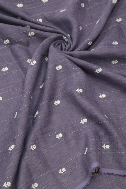 Small Intricate Flowers With  Kantha Work Lenin Embroidered Fabric