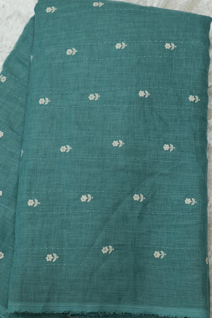 Small Intricate Flowers With  Kantha Work Lenin Embroidered Fabric