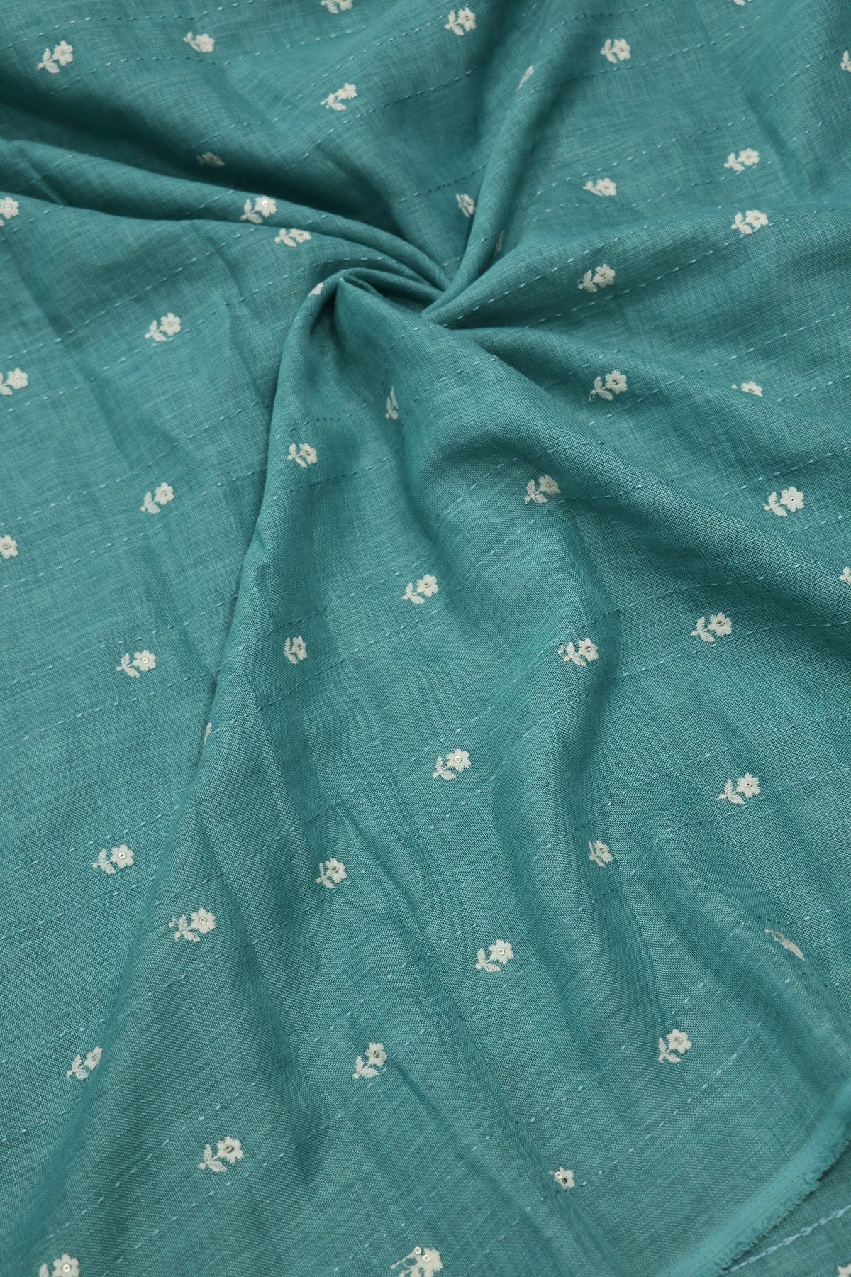 Small Intricate Flowers With  Kantha Work Lenin Embroidered Fabric