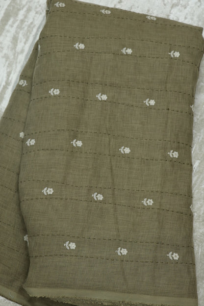 Small Intricate Flowers With  Kantha Work Lenin Embroidered Fabric