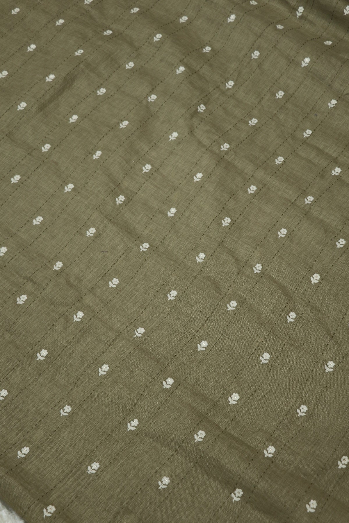 Small Intricate Flowers With  Kantha Work Lenin Embroidered Fabric