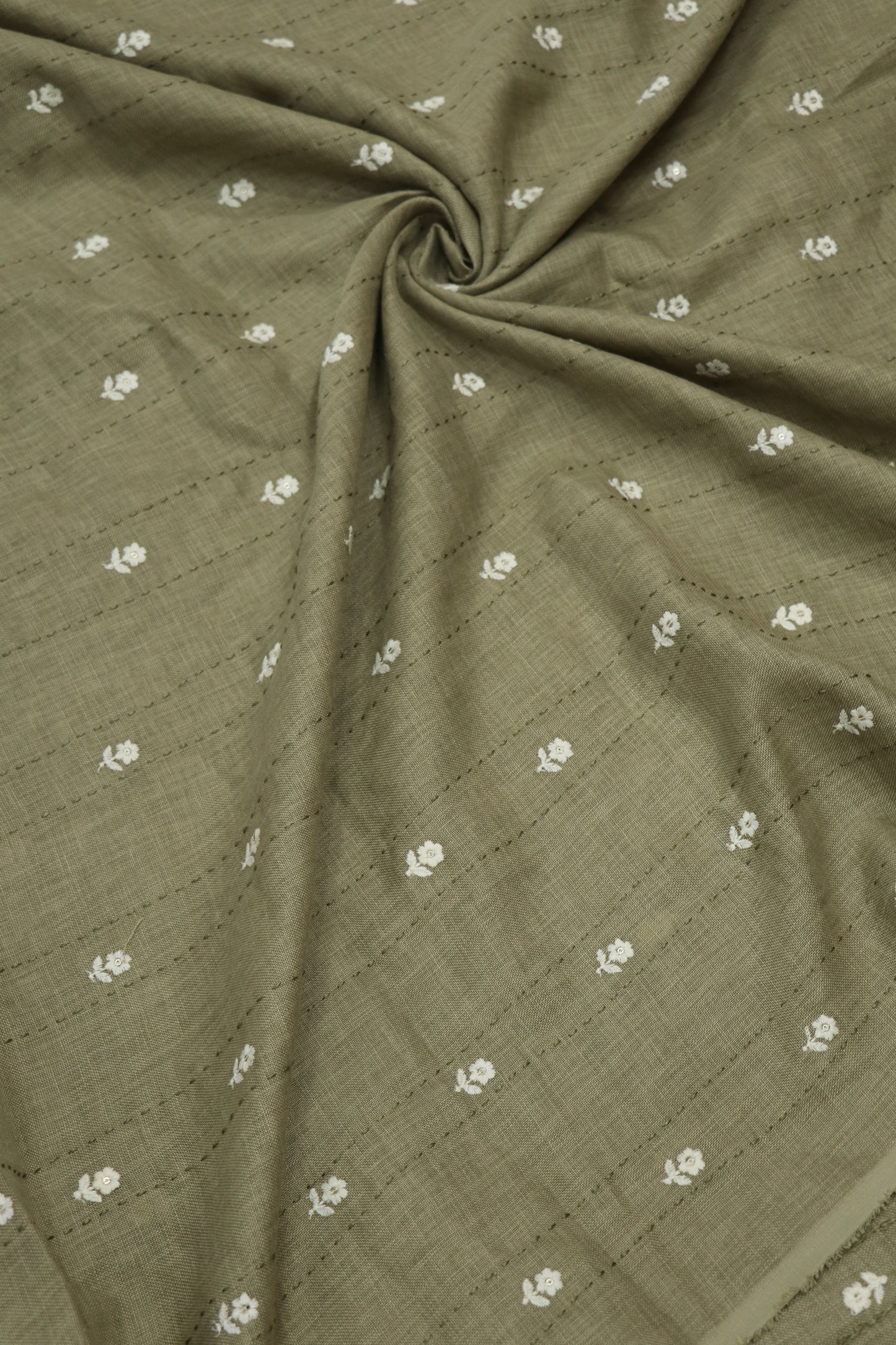 Small Intricate Flowers With  Kantha Work Lenin Embroidered Fabric