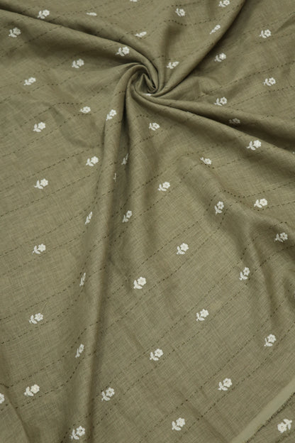 Small Intricate Flowers With  Kantha Work Lenin Embroidered Fabric