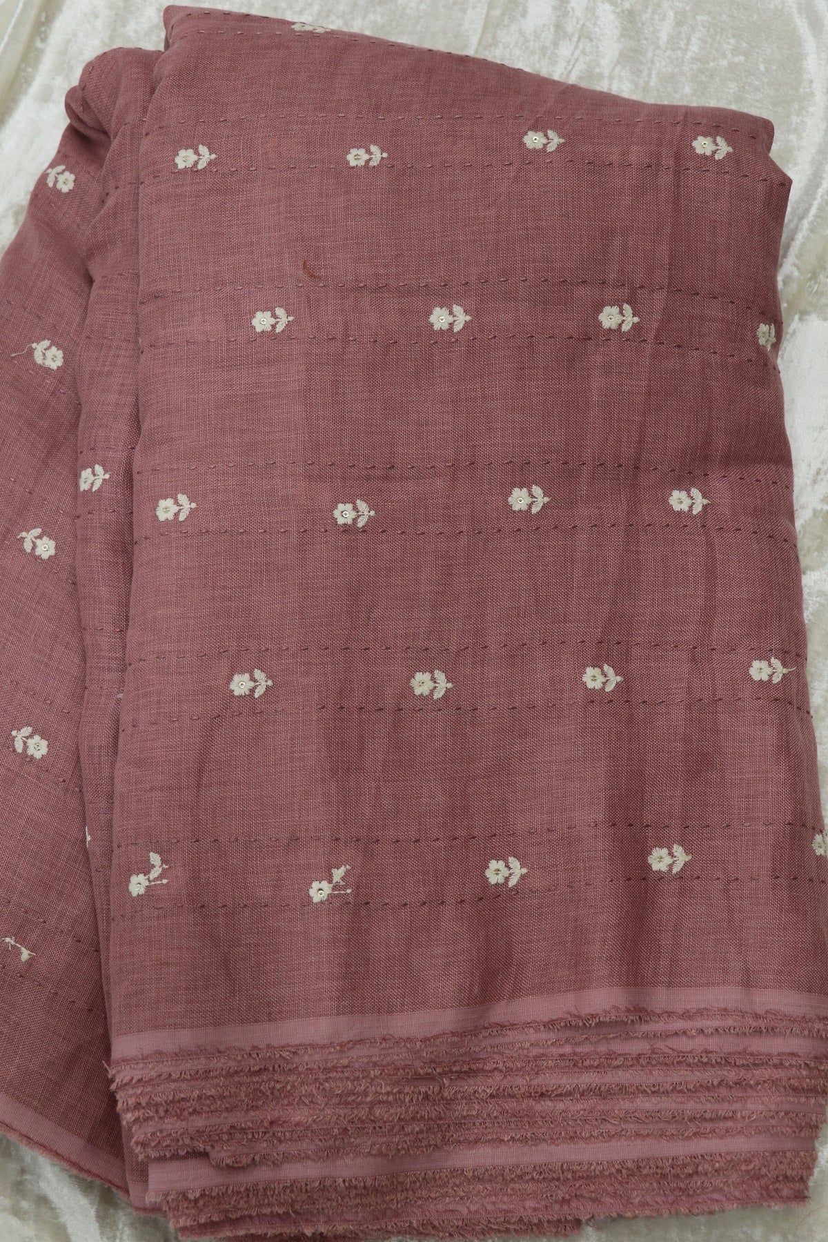 Small Intricate Flowers With  Kantha Work Lenin Embroidered Fabric