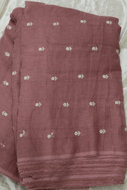 Small Intricate Flowers With  Kantha Work Lenin Embroidered Fabric