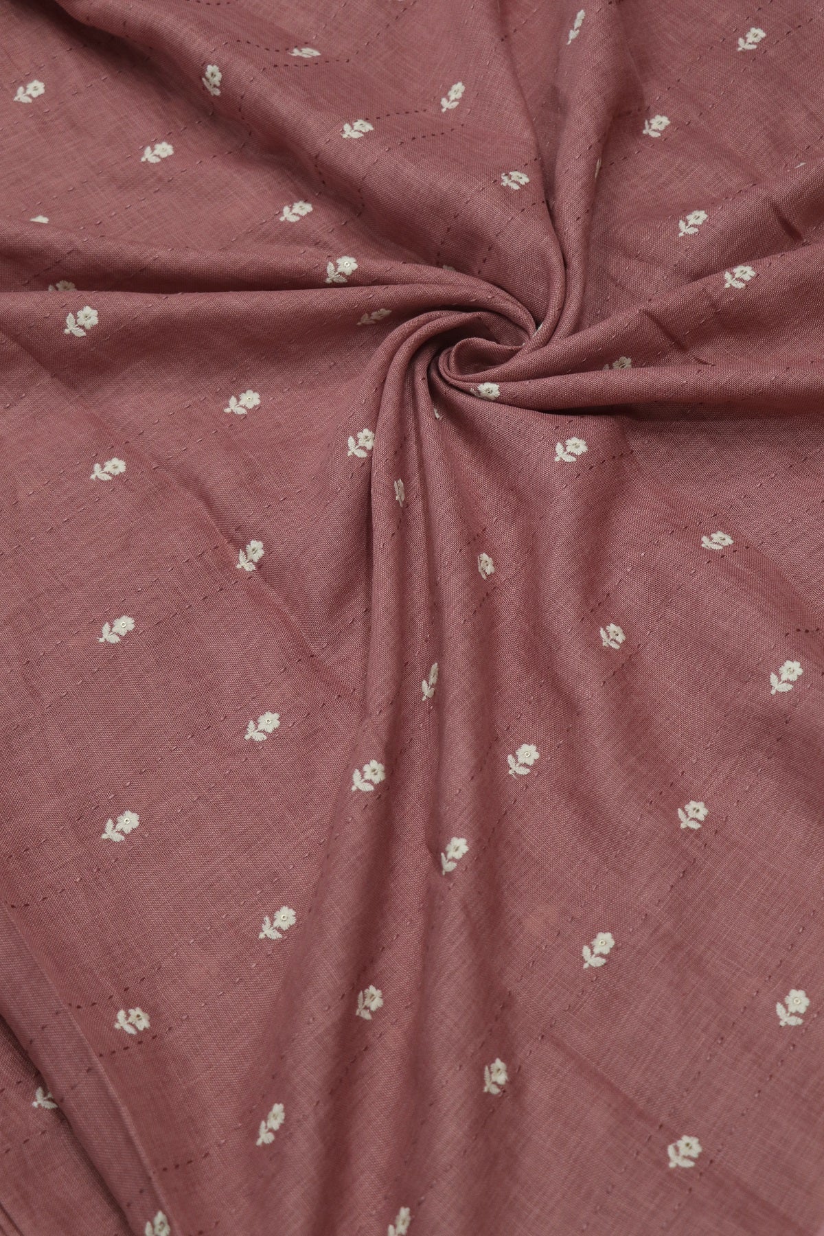 Small Intricate Flowers With  Kantha Work Lenin Embroidered Fabric