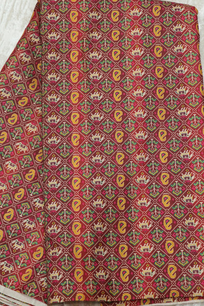 Mango & Elephant Printed  Patola Semi Rawsilk Fabric