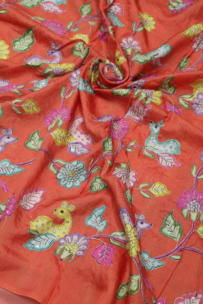 Dola Silk Floral & Deer Printed Fabrics Highlighted With Zari Threads & Sequins