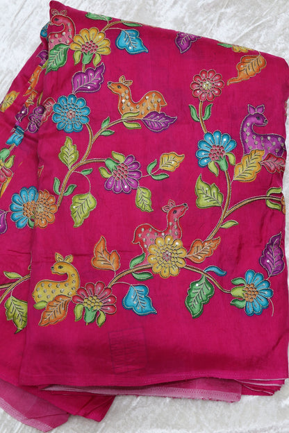 Dola Silk Floral & Deer Printed Fabrics Highlighted With Zari Threads & Sequins