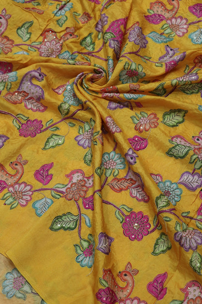 Dola Silk Floral & Deer Printed Fabrics Highlighted With Zari Threads & Sequins