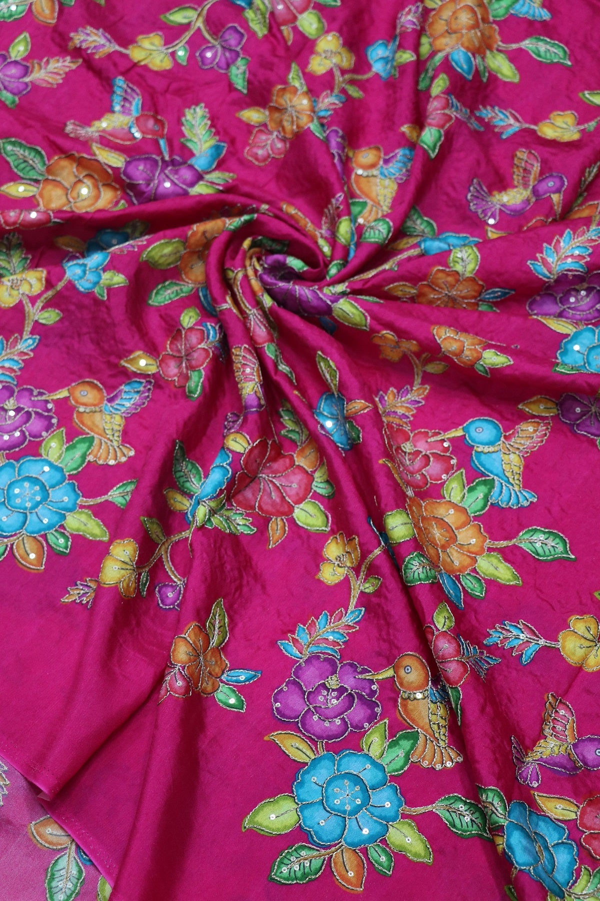 Dola Silk Floral Printed Fabric With Kingfisher Birds Highlited With Zari Threads & Sequins