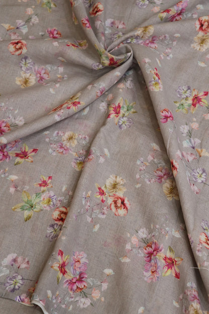 Ice Berg Blue Floral Printed Pure Lenin Fabric