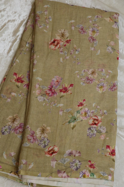 Beige Floral Printed Pure Lenin Fabric